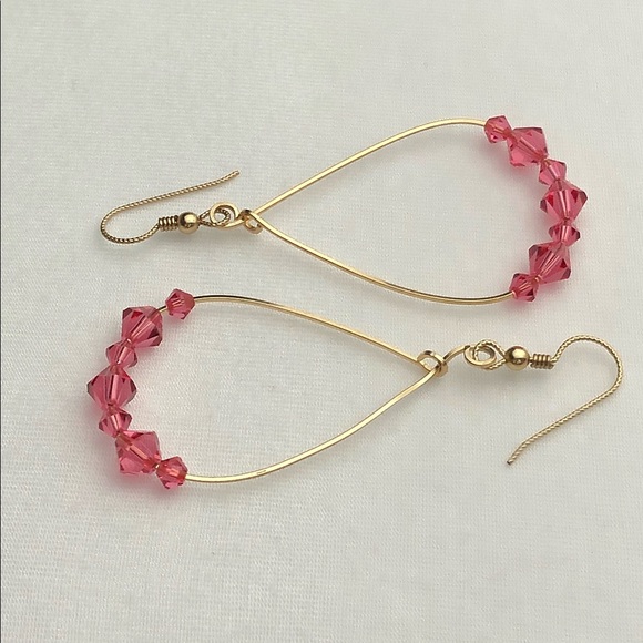 🐷Handmade Wire Earrings With Pink Swarovski Beads - Picture 1 of 5